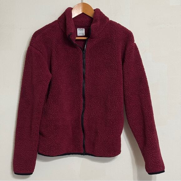 PINK Victoria's Secret Jackets & Blazers - Victorias Secret Pink Teddy Sherpa Fleece Full Zip Jacket Burgundy Size XS